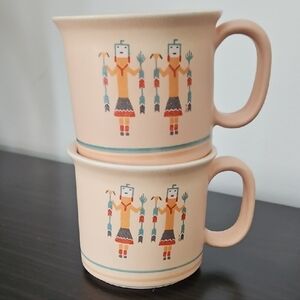 Vintage Peach Ceramic Mugs with Tribal Hopi Design